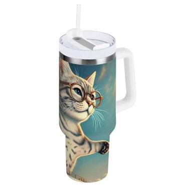 Imagem de ODAWA Copo isolado a vácuo grande com canudo e alça, copo de viagem isolado Cats Titanic Hug