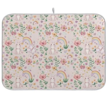 Imagem de Tapete de secagem de pratos de coelho arco-íris flor 45,7 cm x 61 cm almofada de pratos reversível secagem rápida escorredor de pratos tapete protetor de bancada