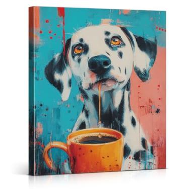 Imagem de Impressão de arte de parede moderna de cachorro dálmata café bar pintura em tela grafite de cachorro decoração de parede para cozinha, estação de café, sala de jantar, moldura 20 x 25 cm
