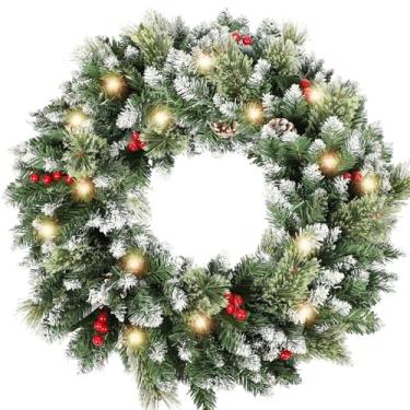 Imagem de HipTree Guirlanda de Natal de 61 cm para porta da frente com luzes, guirlanda de porta de pinheiro artificial iluminada, guirlanda de inverno verde falso com pinhas e frutas vermelhas para decoração