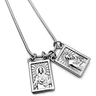 Imagem de Escapulário prata masculino corrente aço inoxidável/Cordão religioso proteção/Nossa Senhora do Carmo e Sagrado Coração de Jesus