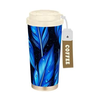 Imagem de Caneca de viagem de café 40 ml com canudo e tampa de filp, copo de parede dupla isolado a vácuo com revestimento cerâmico, penas azuis vibrantes, preto