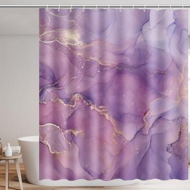 Imagem de Cortinas de chuveiro com padrão dourado de mármore roxo para banheiro, série mármore, cortina de banheiro de tecido impermeável, acessórios de decoração de banheiro de poliéster com 12 ganchos para