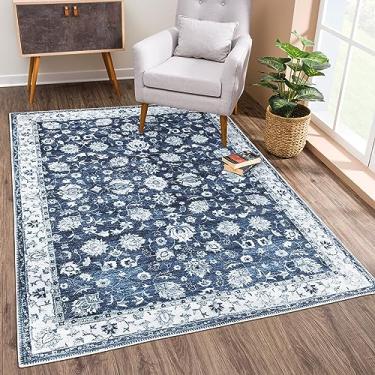 Imagem de Bloom Rugs Tapete lavável antiderrapante 1,8 m x 2,5 m - Tapete de área com bordas tradicionais azul escuro para sala de estar, quarto, sala de jantar e cozinha - Tamanho exato: 1,8 x 2,5 m