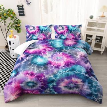 Imagem de AILONEN Conjunto de edredom decorativo colorido tie dye para crianças, meninas, tamanho solteiro, estilo boêmio, aquarela, conjunto de 3 peças, 1 colcha + 2 fronhas, macio e respirável