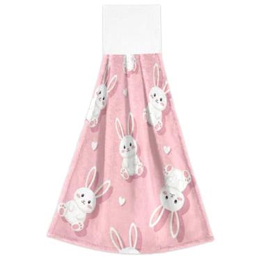 Imagem de Cute Bunnies Toalhas de mão rosa coelhos brancos com laços para pendurar conjunto de toalhas de gravata de forno com 2 itens essenciais decorativos de cozinha ultra absorventes, 46 x 35 cm