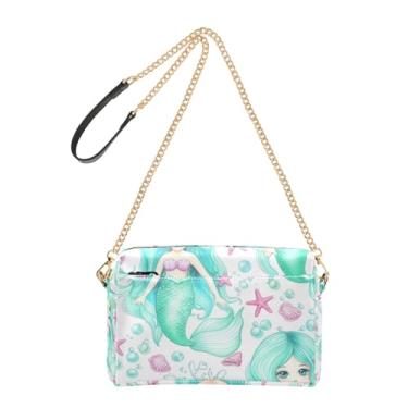 Imagem de Joitme Bolsa de ombro feminina transversal para celular linda estrela do mar sereia turquesa couro PU alça de corrente