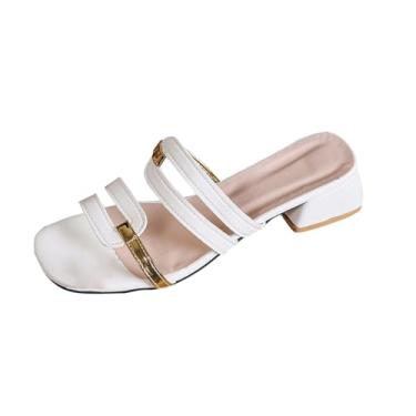 Imagem de Pantufas femininas fashion casual primavera e verão praia combinando cor bico quadrado bico aberto um pé salto grosso salto baixo, Branco, 38