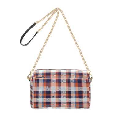 Imagem de Joitme Bolsa de ombro feminina transversal para celular bolsa de ombro de couro PU alça de corrente xadrez cores alternadas azul laranja