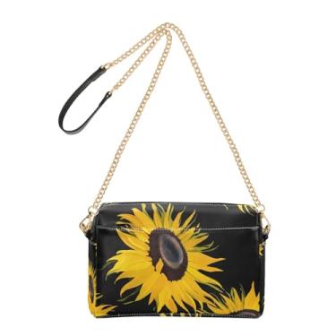 Imagem de Joitme Bolsa tiracolo chique amarela girassóis pretos para mulheres, bolsa para celular, bolsa de ombro de couro PU com alça de corrente