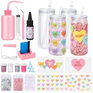 Imagem de Meanplan Pacote com 4 kits de suprimentos para globo de neve faça você mesmo para o Dia dos Namorados, cores doces, amor, coração, UV, DTF, 473 ml, lata de parede dupla, 7 cores, raspador, resina, UV