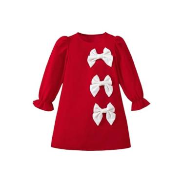 Imagem de GORGLITTER Girl's Bow Dress Flounce Long Sleeve Crew Neck Cute Holiday Party Mini Dresses Red 5Y