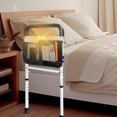 Imagem de Trilhos de cama para adultos idosos segurança com luz de movimento alturas ajustáveis suporte de bolso de armazenamento grade lateral para idosos desliza sob a cama barras de alça de cama (branco com