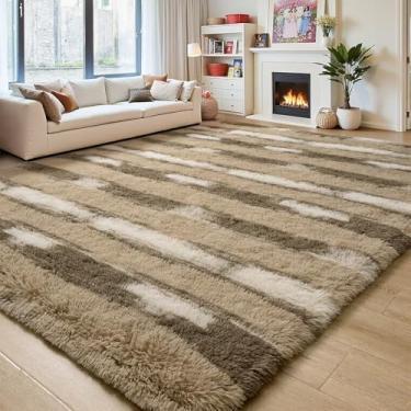 Imagem de FALARK Tapete felpudo bege fofo listrado, tapetes felpudos retangulares de 1,2 x 1,8 m para sala de estar, tapetes macios e felpudos, para quarto, antiderrapante, lavável, para decoração de quarto de