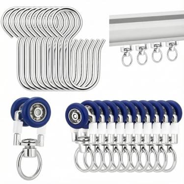 Imagem de Kathfly Pacote com 30 rolos de cortina de teto com polias de trilho de cortina de roda silenciosa, corredores, deslizadores deslizantes, trilho montado no teto com ganchos de rolamento para cortinas e