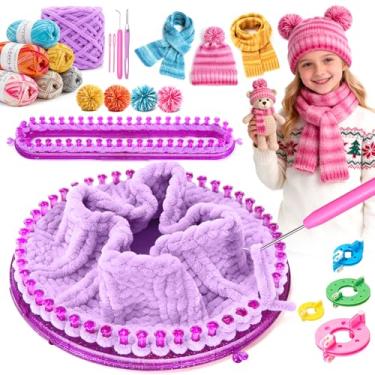 Imagem de Kit de tear de tricô com bolsa de armazenamento, 2 teares, fios, máquina de pompom e gancho de crochê, cobertor DIY completo para iniciantes, xale, cachecol de Natal, presentes de aniversário para