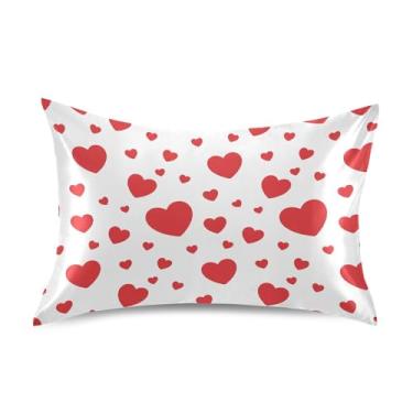 Imagem de Wassud Fronha de cetim para cabelo e pele Red Hearts Dia dos Namorados Capas de almofada de seda lisa tamanho padrão respiráveis com fecho de envelope