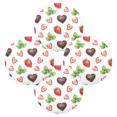 Imagem de Wassud Jogo americano conjunto de 4 tapetes de mesa redondos com corações de morango para cozinha e jantar, lavável, resistente ao calor, decoração de mesa 39 cm