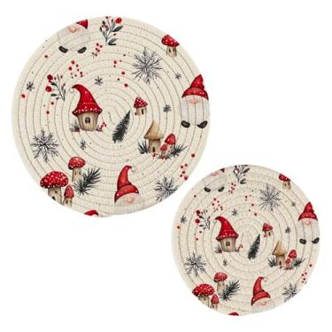 Imagem de Wassud Gnomos fofos cogumelos redondos suportes de panela de algodão almofadas quentes porta-copos elegantes decoração de cozinha e acessórios 2 peças