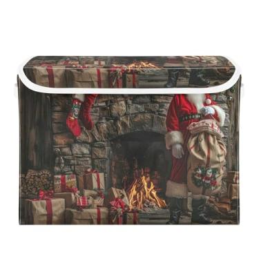 Imagem de SEHANY Linda caixa de armazenamento de Papai Noel de Natal com tampas e alças, organizador de cestas de armazenamento de tecido dobrável, caixas de armazenamento de cubos grandes para roupas, cobertor