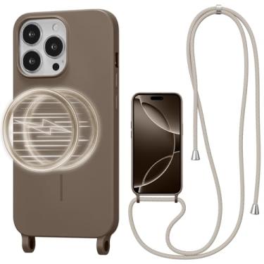 Imagem de UCASONG Capa transversal magnética para iPhone 16 Pro de 6,3 polegadas, capa de silicone líquido com alça ajustável no pescoço, [compatível com MagSafe] Capa protetora de telefone à prova de choque