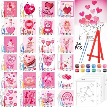 Imagem de Blosssound Pacote com 24 kits de pintura em tela pré-desenhada de coração dos namorados para pintar em tela pré-impressa a granel com cavalete para adultos, festa de bebida, estudante, aniversário