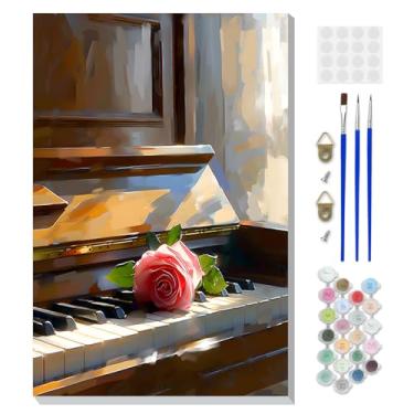 Imagem de DOMROM Pintura emoldurada por números de piano para adultos iniciantes, kits de pintura por números em tela, kits de artesanato rosa com números acrílicos para presente de decoração de casa 20 x 30 cm