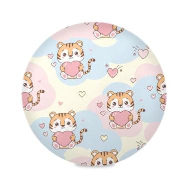 Imagem de Wassud Jogo americano fofo com corações de tigre tapetes de mesa redondos para cozinha e jantar tapetes laváveis resistentes ao calor decoração de mesa 39 cm