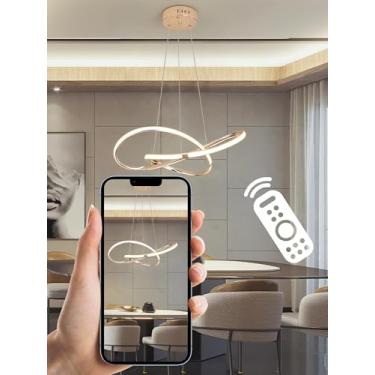 Imagem de Luminária pendente LED moderna e regulável para mesa de jantar, com controle remoto, ideal para sala de jantar, sala de estar e cozinha, com altura ajustável (Dourada)