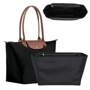 Imagem de Bolsa organizadora para bolsa Longchamp Le Pliage M, bolsa de nylon, leve, luxuosa, longa, divisória, modeladora, com suporte para copos, bolsa com zíper, forro interno com 7 bolsos profundos, M/preto