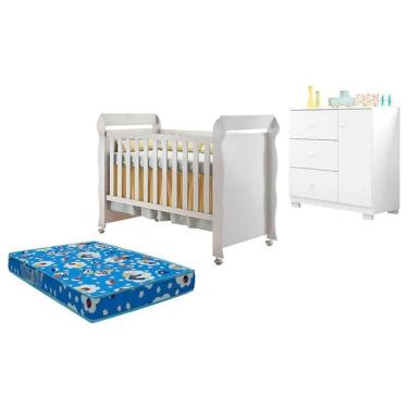 Imagem de Berço Americano Mirelle E Cômoda Infantil Duda Branco Brilho Com Colchão Ortobom - Phoenix Baby