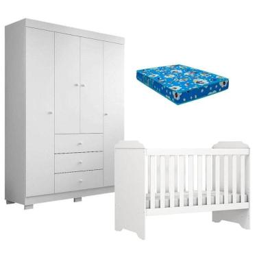 Imagem de Berço Americano Mini Cama Mel E Guarda Roupa Duda 4 Portas Branco Brilho Com Colchão Ortobom