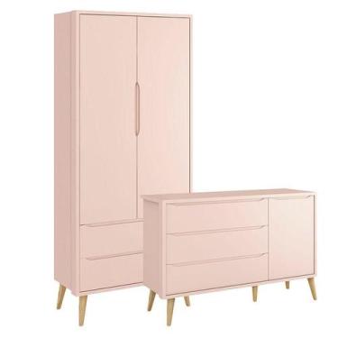 Imagem de Cômoda Infantil 1 Porta e Guarda Roupa 2 Portas Theo Rosa com Pés Made