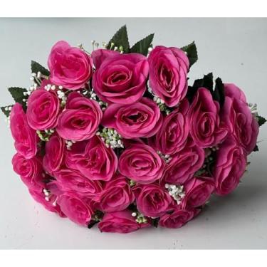 Imagem de Rosa Artificial Decorativa com 24 Flores – Buquê para Arranjos, Festas, Casamento e Decoração de Interiores(Rosa Pink,Kit com 3)