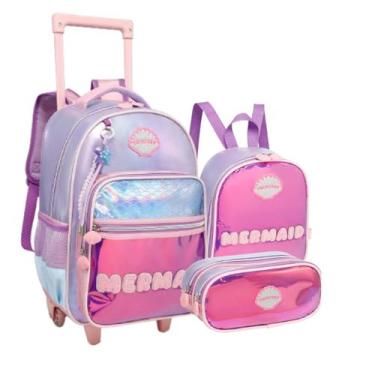 Imagem de Kit Mochila Rodinha Sereia Holografica Completo Escolar Moda - D Prese