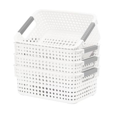 Imagem de Pacote com 4 cestos organizadores de plástico totalmente vazados com alças, organizador multiuso para embaixo da pia do banheiro, armário de cozinha, ideal para artigos de higiene pessoal (branco