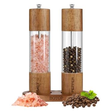 Imagem de Saleiro e pimenteiro de acrílico premium, conjunto de 2 moedores manuais de sal e pimenta com base, moedor de pimenta recarregável de madeira com núcleo de cerâmica ajustável - 20 cm