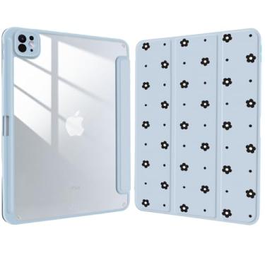 Imagem de Capa para iPad de 11 polegadas (A16) 11ª 2025/10,9 polegadas 10ª geração 2022 com suporte para lápis, capa protetora traseira acrílica feminina, flor preta, bolinhas, azul, couro transparente, capa