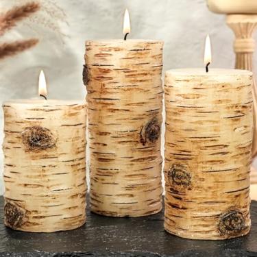 Imagem de Conjunto de velas de pilar de textura de casca de bétula preta - Cera real 3 tamanhos (10 cm, 12,7 cm, 15 cm de altura) Velas de lareira para decoração rústica, estilo floresta sem perfume para casa