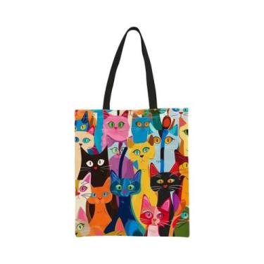 Imagem de Bolsa Multifuncional De Lona Com Estampa De Gatinho Colorido, Mochila 