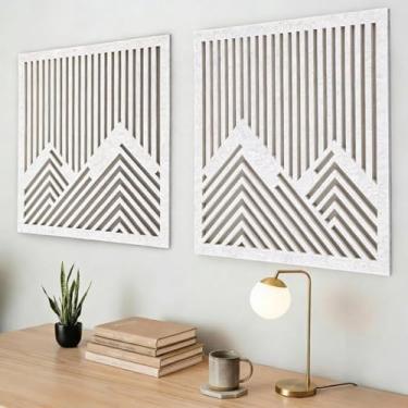 Imagem de HunnmingRe 2 peças de arte de parede de feltro de montanha, decoração de parede abstrata grande moderna macia e segura para berçário, sala de estar, quarto, fácil instalação sem danos, 59,9 cm x 59,9