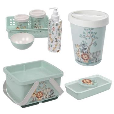 Imagem de Kit Higiene Bebê 4 Pçs Plasútil Lixeira Porta Fraldas Lenços, Safari