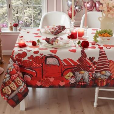 Imagem de SASTYBALE Toalha de mesa retangular para Dia dos Namorados, 132 x 187 cm, vermelho, coração, caminhão, búfalo, xadrez, impermeável, sem rugas, capa de mesa de tecido para jantar, festa, casamento