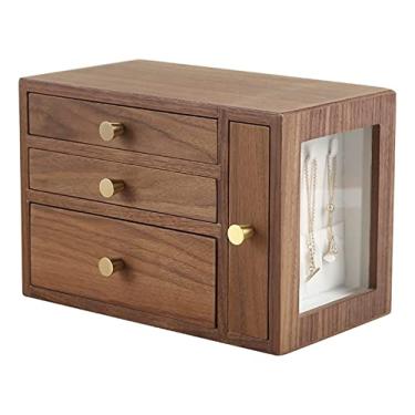 Imagem de Caixa de joias de madeira com 4 gavetas organizador de joias de vidro caixa de armazenamento de joias brinco anel colar para mulheres suporte de joias (nogueira 25,5 x 14,5 x 17,5 cm)