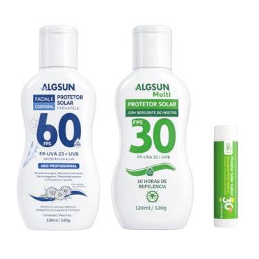 Imagem de Kit Protetor Solar Algsun Facial e Corporal FPS 60 + FPS 30 + Protetor Solar Labial FPS 30