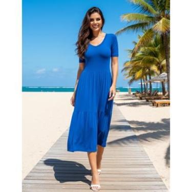 Imagem de Vestidinho Basico de Malha Manga Curta Verão Fresco Leve Midi Rodado Plissado Saia A Soltinho-Feminino