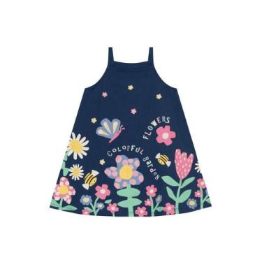Imagem de Vestido infantil menina de flores coloridas Brandili -Azul, 2, Azul