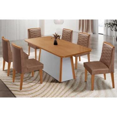 Imagem de Conjunto: Mesa Sala Jantar Tilia c/ Tampo Madeirado Canto Curvo 180x90cm e 6 Cadeiras Maldivas Naturale/Off White - Corano Capuccino - Rufato