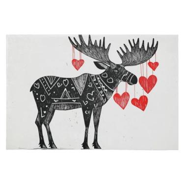 Imagem de JIPONI Tapete de porta da frente, alce com coração de amor, capacho antiderrapante para entrada interna e externa, 61 x 99 cm, tapetes macios laváveis para cozinha