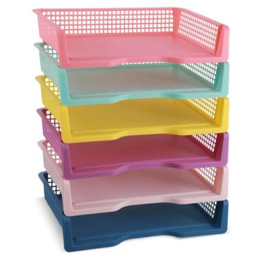 Imagem de gisgfim Pacote com 6 bandejas de papel de plástico para sala de aula, organizadores de cestos coloridos para escola, professores, sala de aula, escritório, casa, organização, bandeja de armazenamento